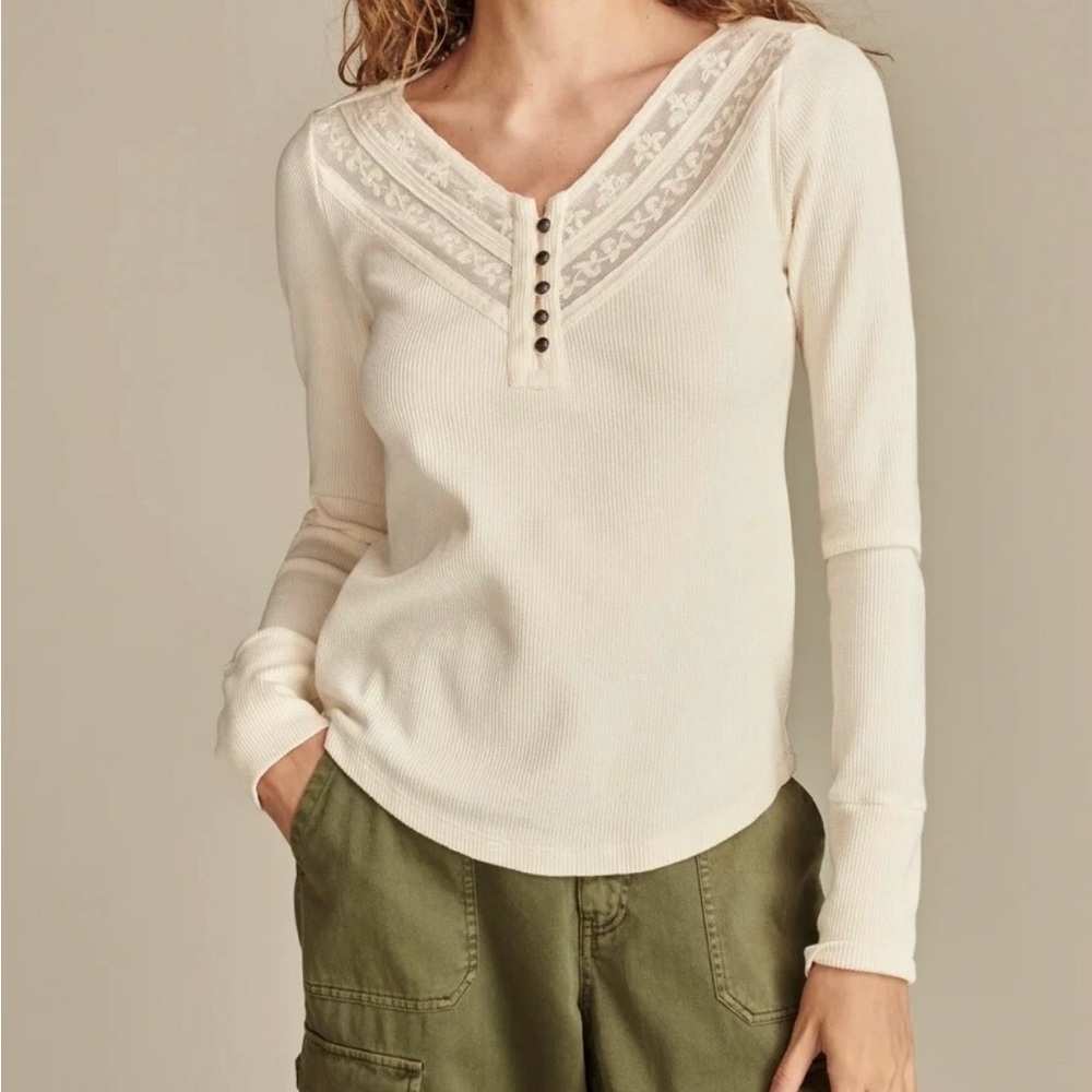 Lucky Brand Embroidered Mesh Yoke Long Sleeve Henley Top in Whisper White